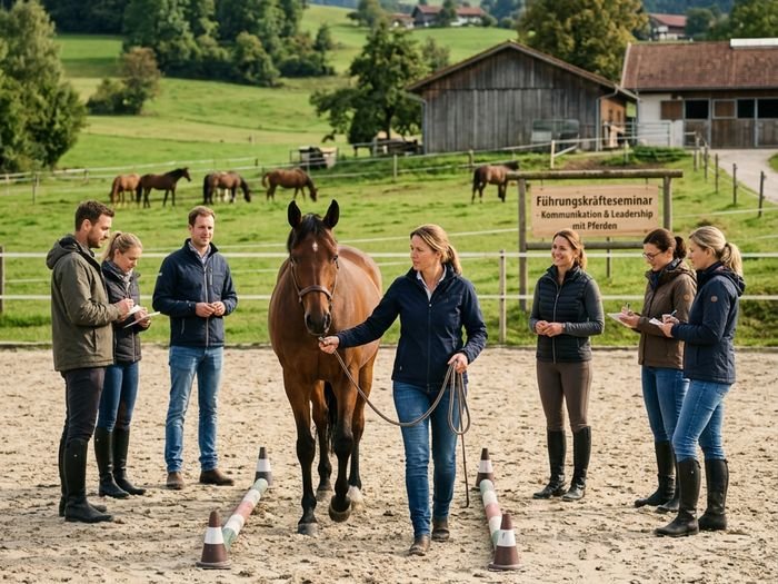 Eine Trainerin führt ein Pferd durch einen Parcours, während eine Gruppe Führungskräfte auf einem Reitplatz zusieht, im Hintergrund Gehöft und Berge