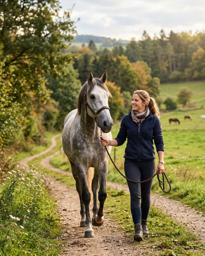 Eine Frau führt ein Pferd an einem langen Strick über einen Weg durch herbstliche Landschaft, beide einander zugewandt