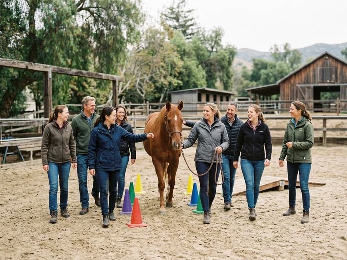 Eine Gruppe von acht Menschen geht gemeinsam mit einem Pferd über einen Reitplatz, zwischen bunten Pylonen, im Hintergrund eine Scheune